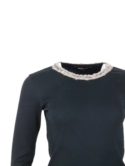 Fabiana Filippi Three-quarter Sleeve Embellished Neckline Top In Blue