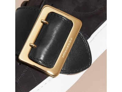 Shop Burberry Oversize Buckle Detail Suede And Leather Trainers In Black/navy