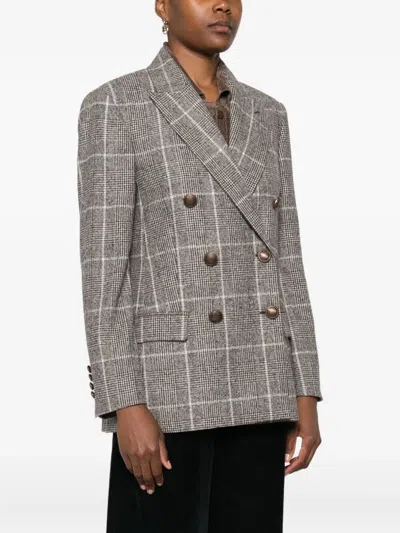 Brunello Cucinelli Alpaca And Wool Prince Of Wales Double-breasted Blazer With Monili In Gray