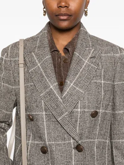 Brunello Cucinelli Alpaca And Wool Prince Of Wales Double-breasted Blazer With Monili In Gray