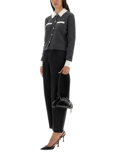 Self-portrait Contrast Collar Wool Blend Cardigan In Blue