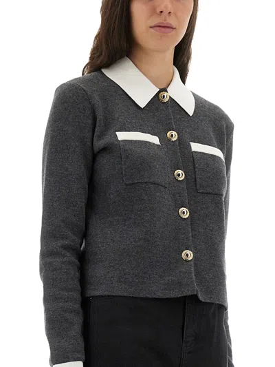 Self-portrait Contrast Collar Wool Blend Cardigan In Blue