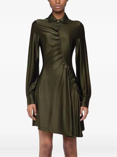 Rabanne Ruched Button Long-sleeve Mini Shirtdress In Green