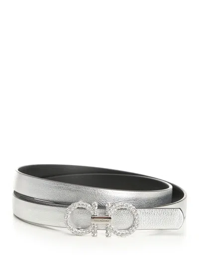 Ferragamo Gancino Strass Reversible Belt 1,5cm Belts Silver