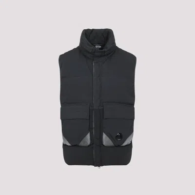 C.p. Company Black Vest With Mock Drawstring Neck And Logo Plaque On The Front In Blue