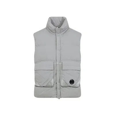C.p. Company Padded Grey Waistcoat With Quilted Design In White