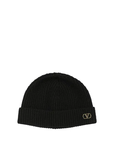 Valentino Garavani Cashmere Ribbed Texture Beanie With Turn-up Brim In Black