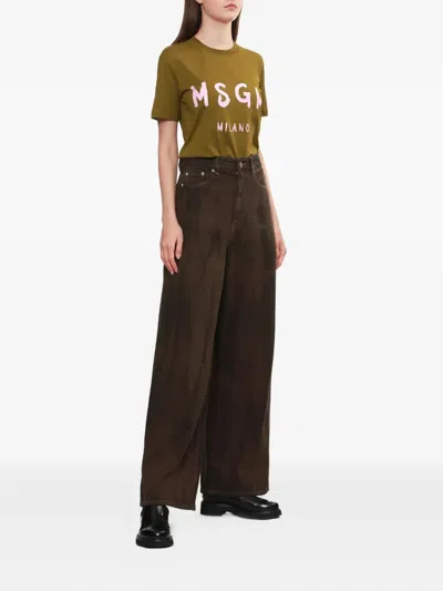 Msgm Logo Print Cotton T-shirt Clothing In Brown