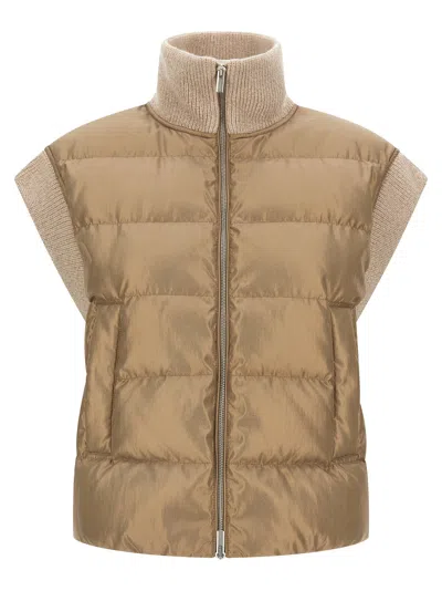 Peserico High Collar Sleeveless Quilted Ribbed Vest In Brown