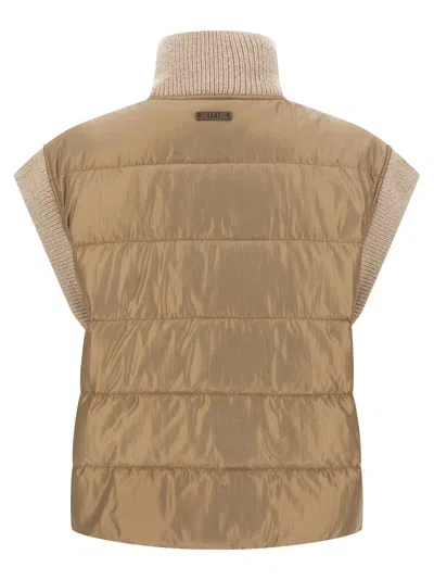 Peserico High Collar Sleeveless Quilted Ribbed Vest In Brown