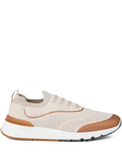 Brunello Cucinelli Canvas Sneakers With Contrasting Toe Cap In Neutral