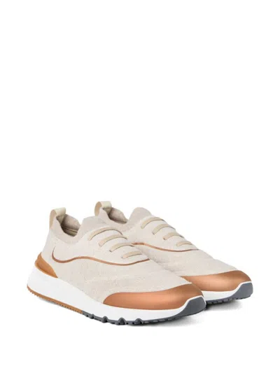 Brunello Cucinelli Canvas Sneakers With Contrasting Toe Cap In Neutral