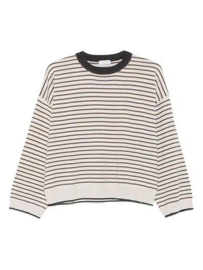 Brunello Cucinelli Ivory Crewneck Striped Sweater In White