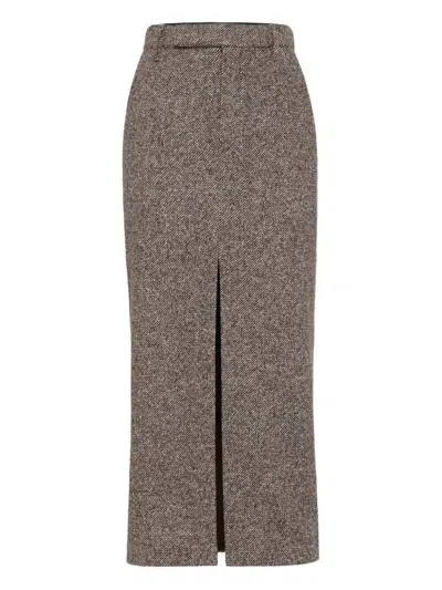 Brunello Cucinelli High-waisted Houndstooth Midi Skirt In Gray