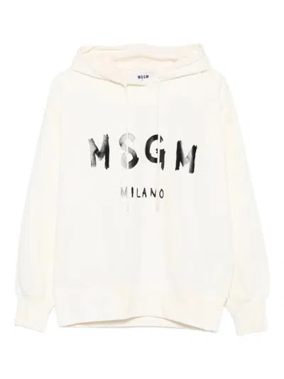 Msgm Logo Print Cotton Hoodie Clothing In White
