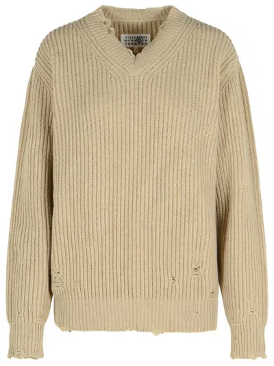 Mm6 Maison Margiela Wool Blend Sweater With Distressed Effect In Brown