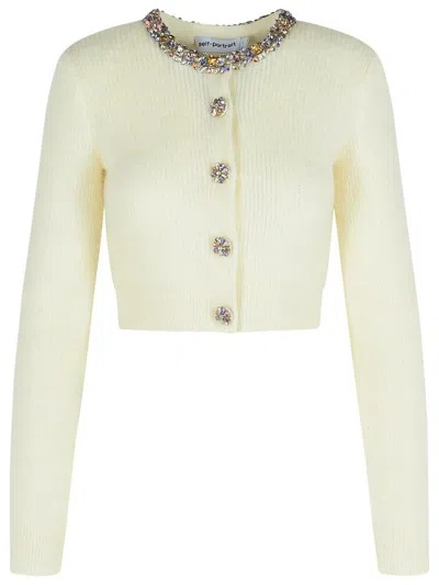 Self-portrait Cropped Sweater With Textured Boucle Knit And Crystal Embellishments In White