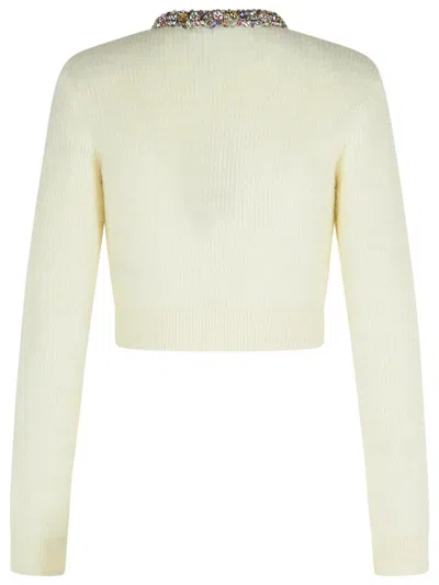 Self-portrait Cropped Sweater With Textured Boucle Knit And Crystal Embellishments In White
