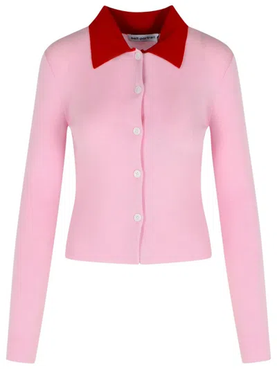 Self-portrait Wool Cardigan With Contrasting Collar In Pink