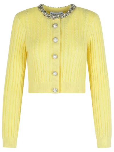 Self-portrait Crystal-embellished Cable-knit Cardigan In Yellow