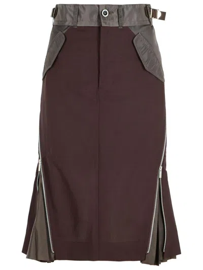 Sacai Womens Brown Pleated Regular-fit Woven Midi Skirt In Brown