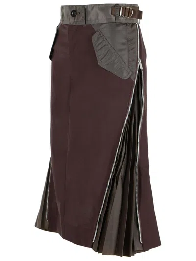 Sacai Womens Brown Pleated Regular-fit Woven Midi Skirt In Brown