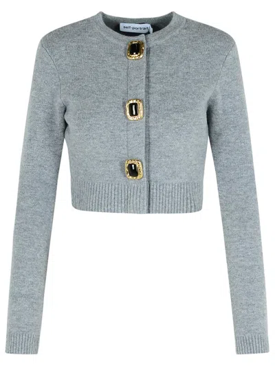Self-portrait Jewelled-button Wool Cardigan In Gray