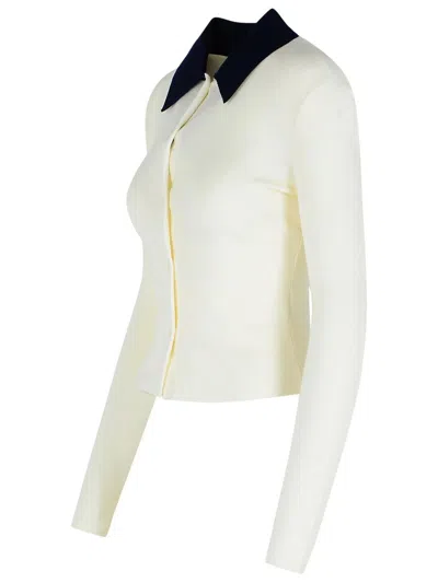 Self-portrait Button-front Cream Merino Wool Cardigan With Contrasting Collar In White