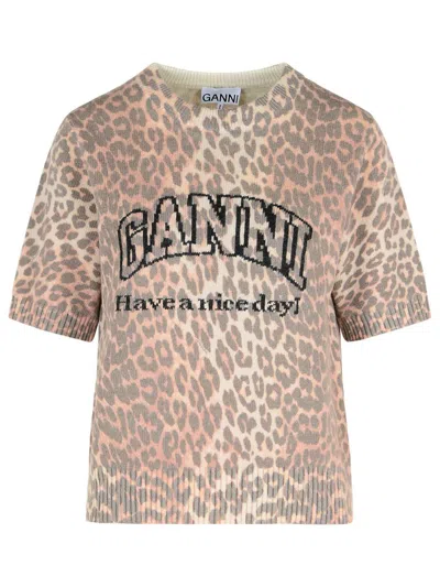 Ganni Leopard Print Short Sleeve Sweater In Animal Print