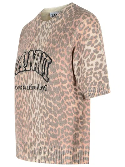 Ganni Leopard Print Short Sleeve Sweater In Animal Print