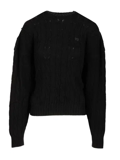 Balenciaga Cable Knit Logo Crew Neck Sweater In Black
