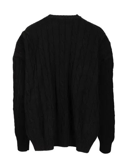 Balenciaga Cable Knit Logo Crew Neck Sweater In Black
