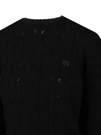 Balenciaga Cable Knit Logo Crew Neck Sweater In Black
