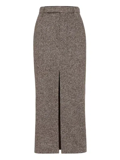 Brunello Cucinelli Wool And Silk Mélange Diagonal Sartorial Pencil Skirt With Monili In Brown