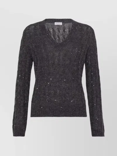 Brunello Cucinelli V-neck Cable Knit Sequin Sweater In Gray