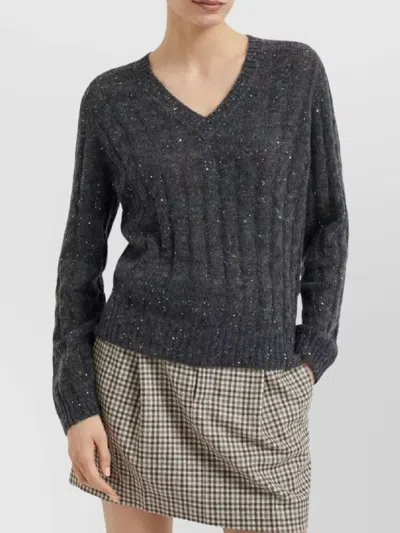 Brunello Cucinelli V-neck Cable Knit Sequin Sweater In Gray
