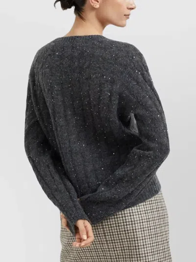 Brunello Cucinelli V-neck Cable Knit Sequin Sweater In Gray