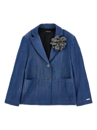 Monnalisa Denim Jacket With Flower Applique In Blue