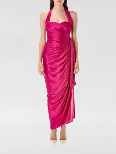 Balmain Long Satin Draped Halter Neck Dress In Pink