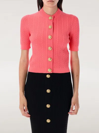 Balmain Cable Knit Short Sleeve Cardigan In Pink