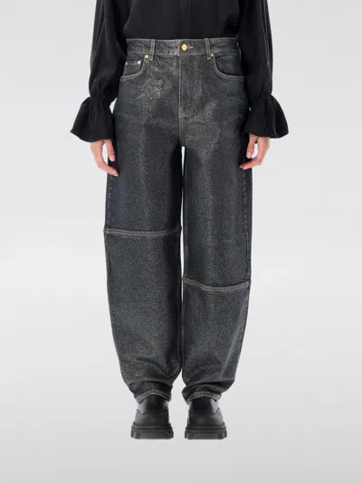 Ganni Wide Leg Trousers Metallic Finish Pockets In Gray