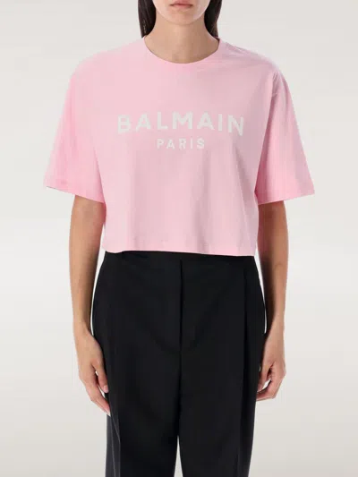 Balmain Cropped Logo Screen Print Tee In White