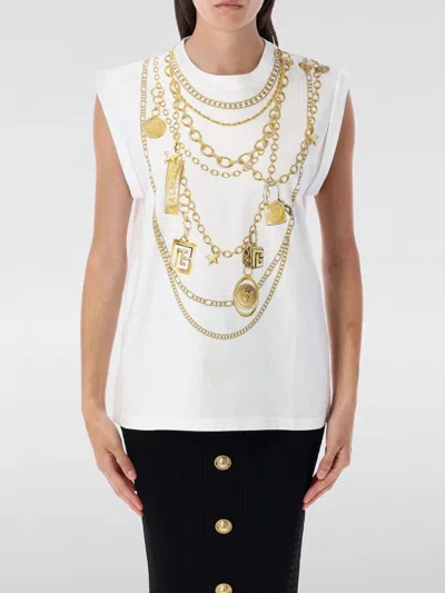 Balmain Chain Print Sleeveless Crew Neck Top In White
