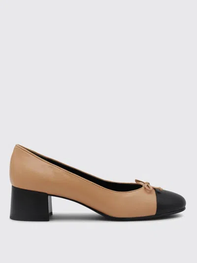 Tory Burch Beige And Black Ballet Flats With Bow Detail And Bi-color Toe In Smooth Leather In Yellow