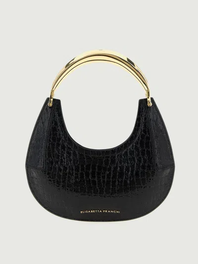 Elisabetta Franchi Small Hobo Crocodile-effect Metal-top-handle Shoulder Bag In Black