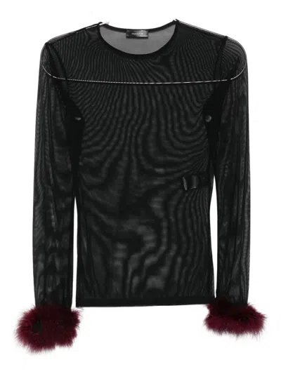Mugler Mesh-panel Feather-cuff Top In Black