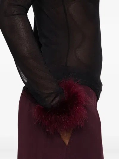 Mugler Mesh-panel Feather-cuff Top In Black