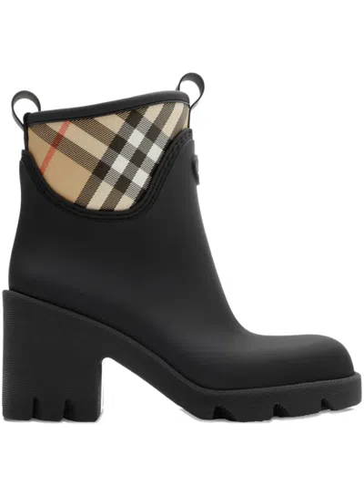 Burberry Marsh Stamp Checked Nylon-trimmed Rubber Ankle Boots In Black