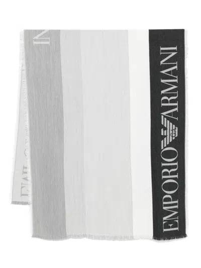Emporio Armani Logo-embellished Striped Scarf In Gray