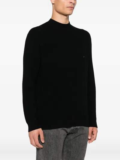 Emporio Armani Tonal Diamond Wool Sweater In Black